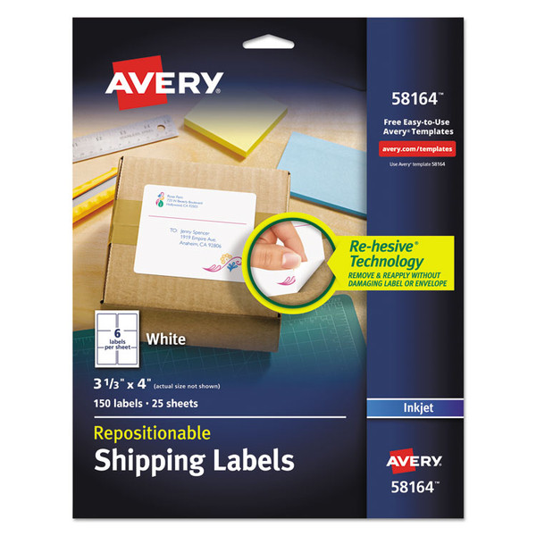 Repositionable Shipping Labels w/SureFeed, Inkjet, 3.33 x 4, White, 150/Box [SKU: AVE58164]