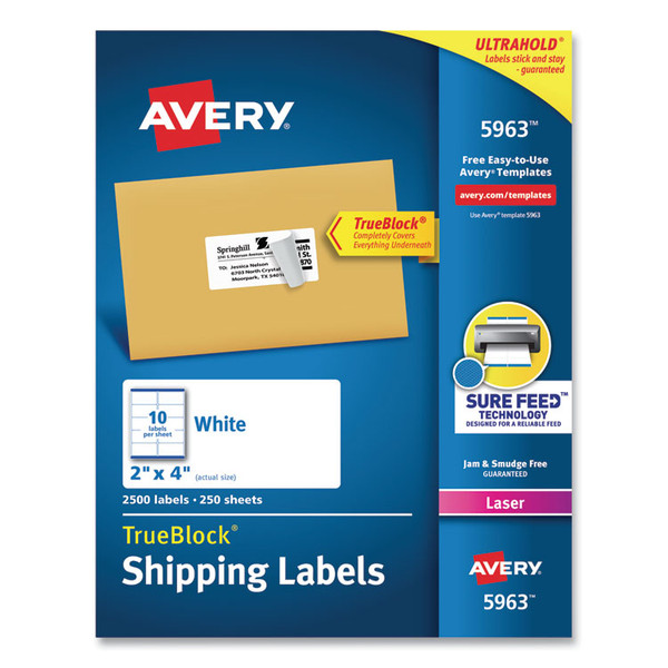 Shipping Labels w/ TrueBlock Technology, Laser Printers, 2 x 4, White, 10/Sheet, 250 Sheets/Box [SKU: AVE5963]