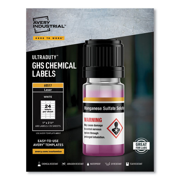 UltraDuty GHS Chemical Waterproof and UV Resistant Labels, 1 x 2.5, White, 24/Sheet, 25 Sheets/Pack [SKU: AVE60517]