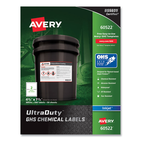 UltraDuty GHS Chemical Waterproof and UV Resistant Labels, 4.75 x 7.75, White, 2/Sheet, 50 Sheets/Pack [SKU: AVE60522]