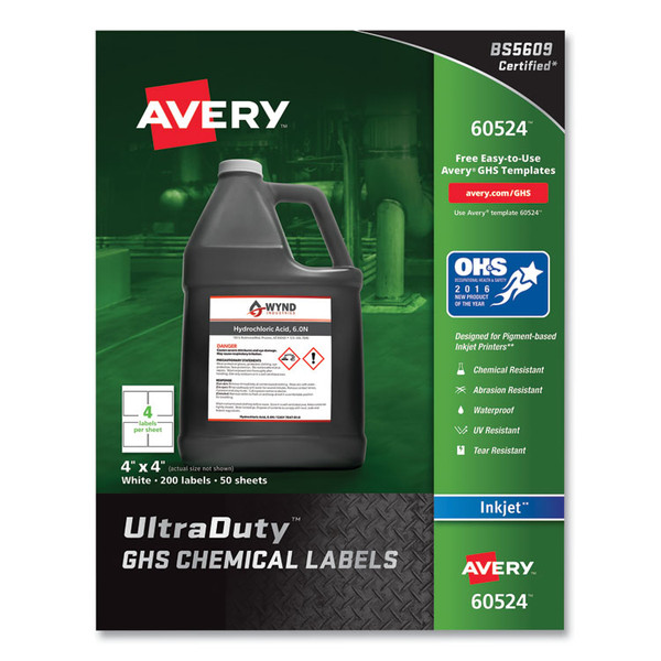 UltraDuty GHS Chemical Waterproof and UV Resistant Labels, 4 x 4, White, 4/Sheet, 50 Sheets/Pack [SKU: AVE60524]