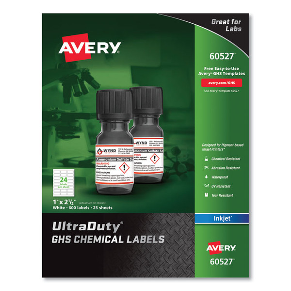 UltraDuty GHS Chemical Waterproof and UV Resistant Labels, 1 x 2.5, White, 24/Sheet, 25 Sheets/Pack [SKU: AVE60527]