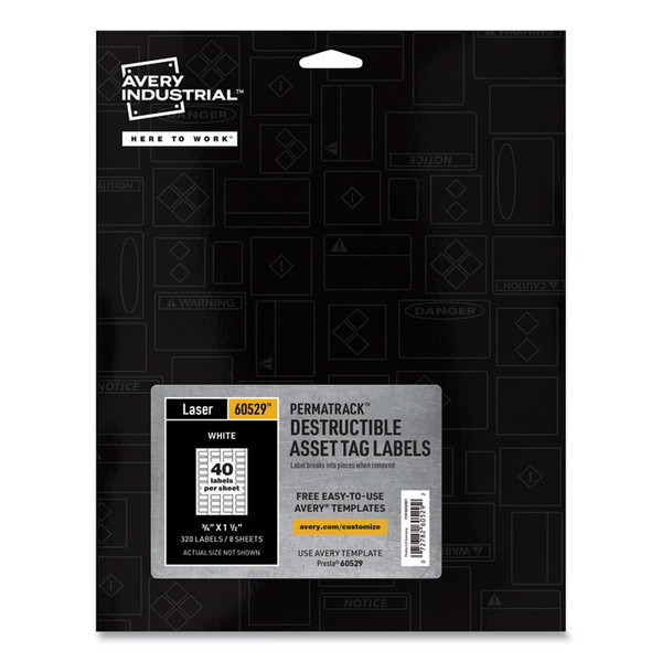 PermaTrack Destructible Asset Tag Labels, Laser Printers, 0.75 x 1.5, White, 40/Sheet, 8 Sheets/Pack [SKU: AVE60529]
