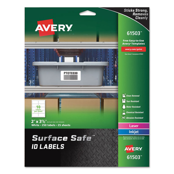 Surface Safe ID Labels, Inkjet/Laser Printers, 2 x 3.5, White, 10/Sheet, 25 Sheets/Pack [SKU: AVE61503]