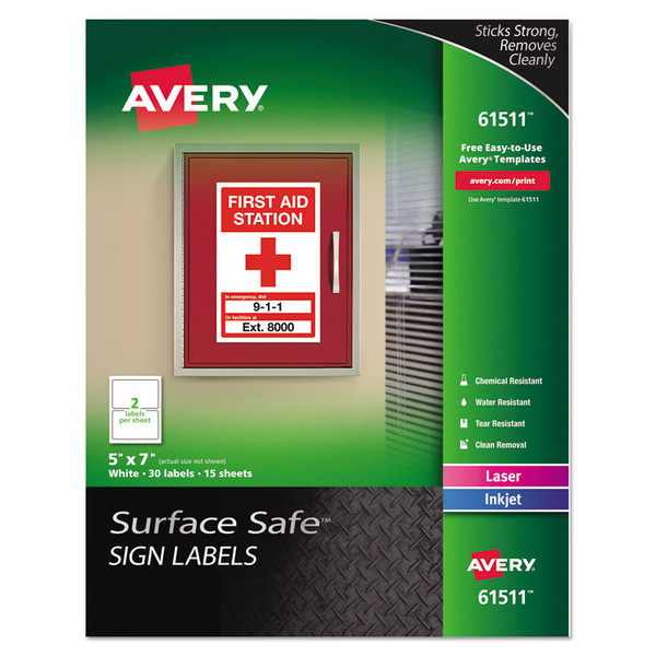 Surface Safe Removable Label Safety Signs, Inkjet/Laser Printers, 5 x 7, White, 2/Sheet, 15 Sheets/Pack [SKU: AVE61511]