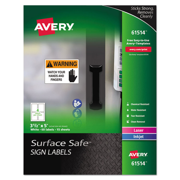Surface Safe Removable Label Safety Signs, Inkjet/Laser Printers, 3.5 x 5, White, 4/Sheet, 15 Sheets/Pack [SKU: AVE61514]