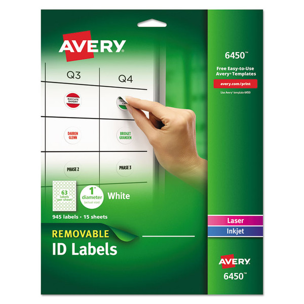 Removable Multi-Use Labels, Inkjet/Laser Printers, 1" dia, White, 63/Sheet, 15 Sheets/Pack [SKU: AVE6450]