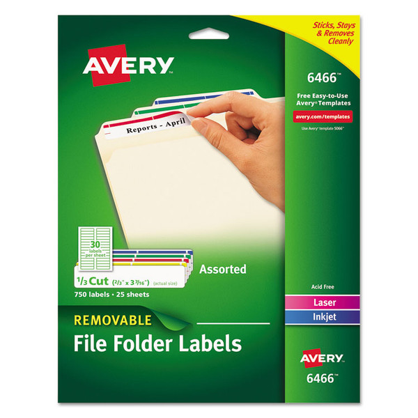 Removable File Folder Labels with Sure Feed Technology, 0.66 x 3.44, White, 30/Sheet, 25 Sheets/Pack [SKU: AVE6466]