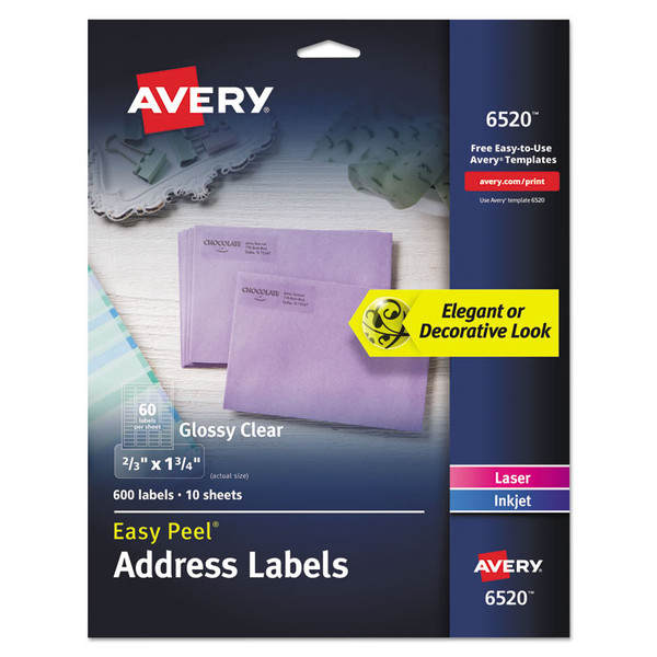 Glossy Clear Easy Peel Mailing Labels w/ Sure Feed Technology, Inkjet/Laser Printers, 0.66 x 1.75, 60/Sheet, 10 Sheets/PK [SKU: AVE6520]