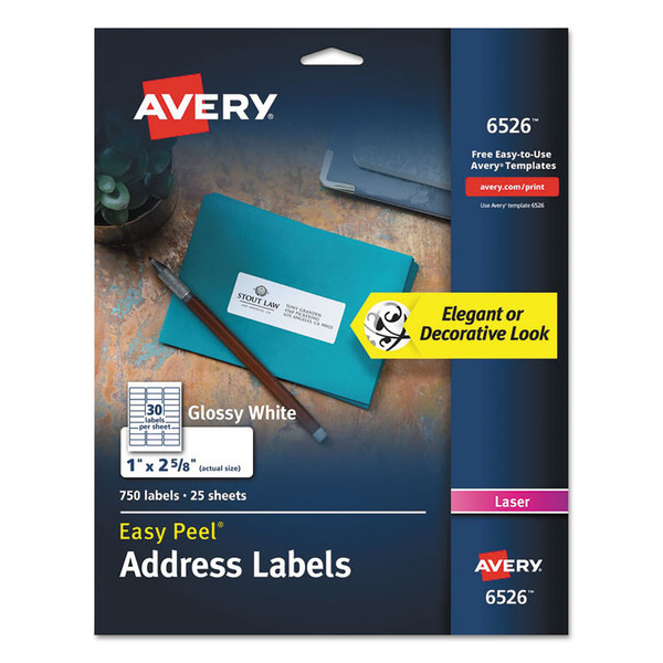 Glossy White Easy Peel Mailing Labels w/ Sure Feed Technology, Laser Printers, 1 x 2.63, White, 30/Sheet, 25 Sheets/Pack [SKU: AVE6526]
