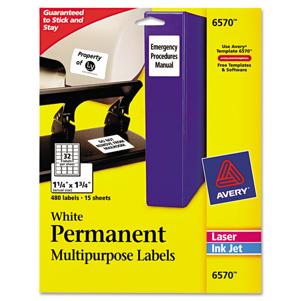Permanent ID Labels w/ Sure Feed Technology, Inkjet/Laser Printers, 1.25 x 1.75, White, 32/Sheet, 15 Sheets/Pack [SKU: AVE6570]