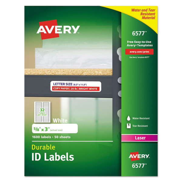 Durable Permanent ID Labels with TrueBlock Technology, Laser Printers, 0.63 x 3, White, 32/Sheet, 50 Sheets/Pack [SKU: AVE6577]