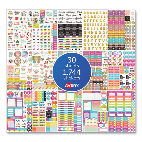 Planner Sticker Variety Pack, Budget, Fitness, Motivational, Seasonal, Work, Assorted Colors, 1,744/Pack [SKU: AVE6785]