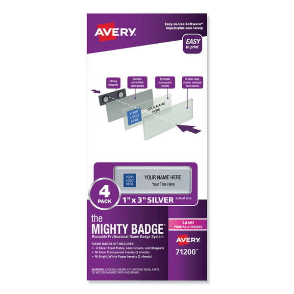 The Mighty Badge Name Badge Holder Kit, Horizontal, 3 x 1, Laser, Silver, 4 Holders/32 Inserts [SKU: AVE71200]