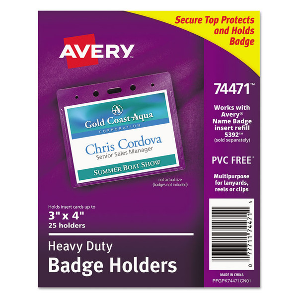 Secure Top Heavy-Duty Badge Holders, Horizontal, 4w x 3h, Clear, 25/Pack [SKU: AVE74471]