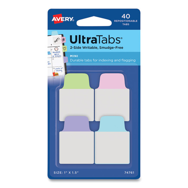 Ultra Tabs Repositionable Tabs, Mini Tabs: 1" x 1.5", 1/5-Cut, Assorted Pastel Colors, 40/Pack [SKU: AVE74761]