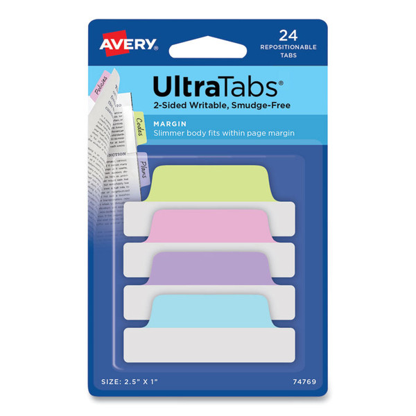 Ultra Tabs Repositionable Tabs, Margin Tabs: 2.5" x 1", 1/5-Cut, Assorted Pastel Colors, 24/Pack [SKU: AVE74769]