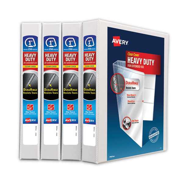 Heavy-Duty Non Stick View Binder with DuraHinge and Slant Rings, 3 Rings, 1" Capacity, 11 x 8.5, White, 4/Pack [SKU: AVE79780]