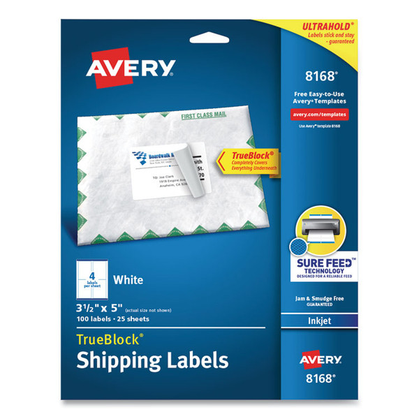 Shipping Labels w/ TrueBlock Technology, Inkjet Printers, 3.5 x 5, White, 4/Sheet, 25 Sheets/Pack [SKU: AVE8168]