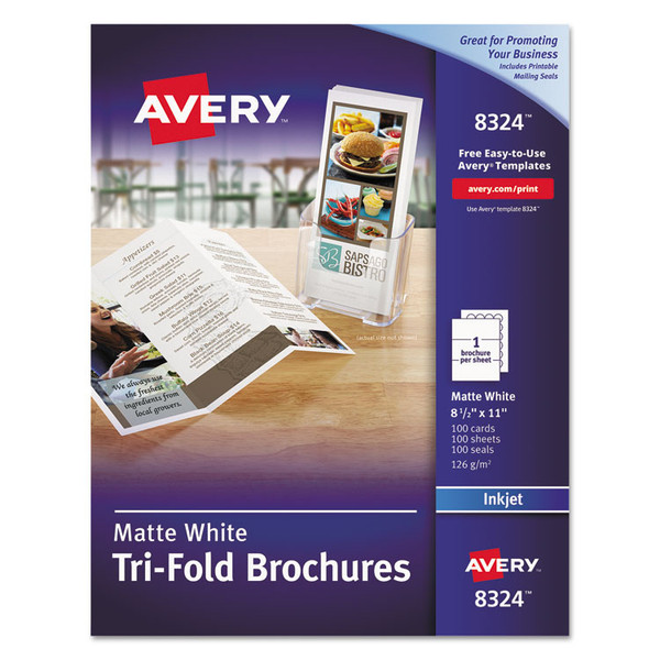 Tri-Fold Brochures, 92 Bright, 85 lb Text Weight, 8.5 x 11, Matte White, 100/Pack [SKU: AVE8324]
