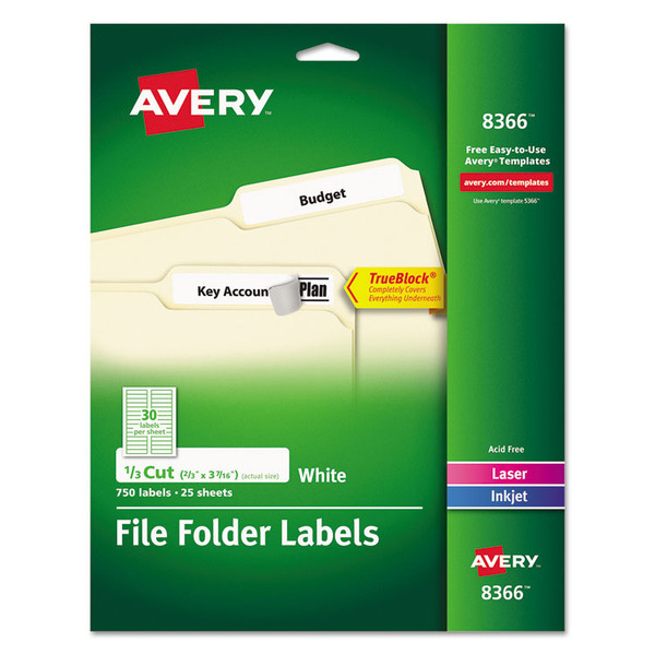 Permanent TrueBlock File Folder Labels with Sure Feed Technology, 0.66 x 3.44, White, 30/Sheet, 25 Sheets/Pack [SKU: AVE8366]