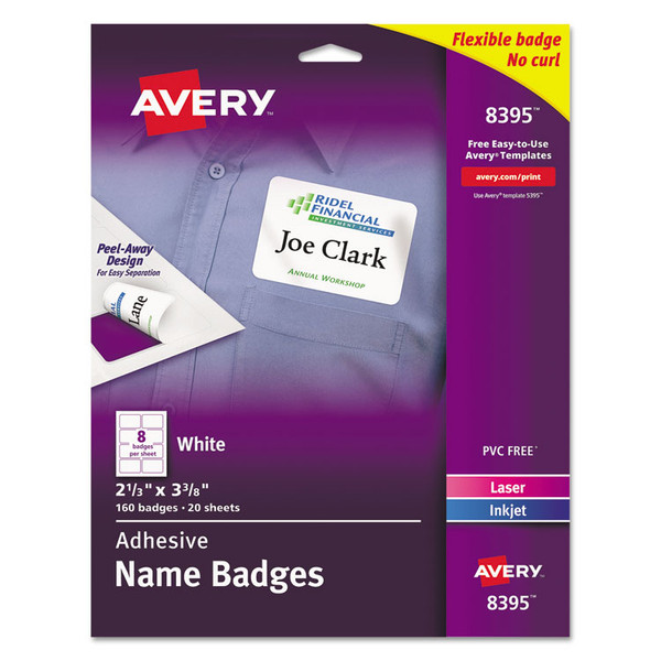 Flexible Adhesive Name Badge Labels, 3.38 x 2.33, White, 160/Pack [SKU: AVE8395]