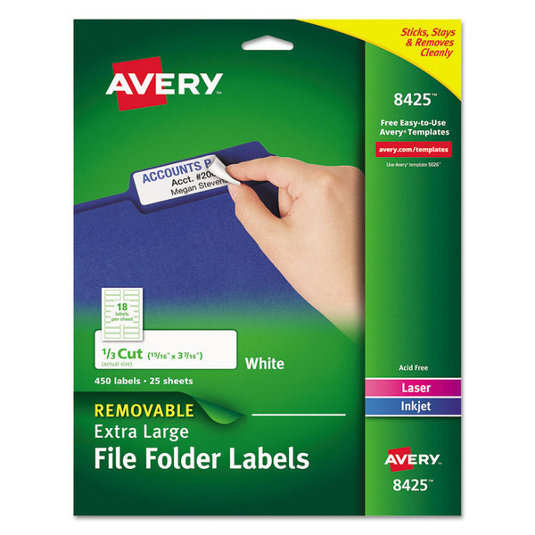Removable File Folder Labels with Sure Feed Technology, 0.94 x 3.44, White, 18/Sheet, 25 Sheets/Pack [SKU: AVE8425]