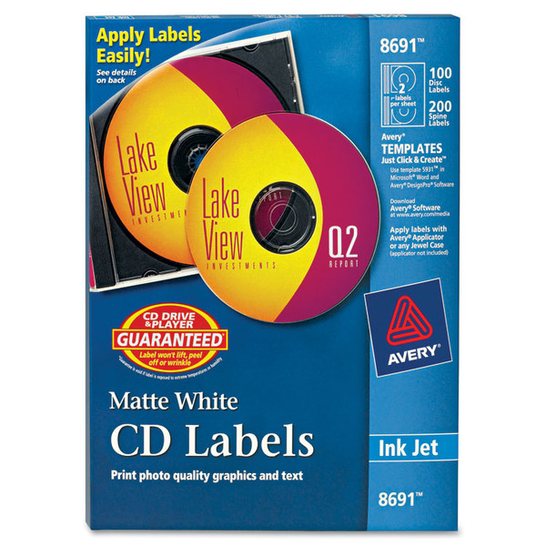 Inkjet CD Labels, Matte White, 100/Pack [SKU: AVE8691]