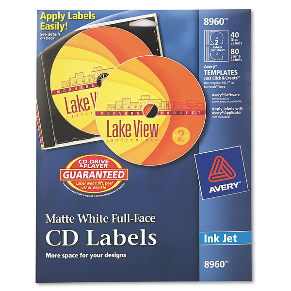 Inkjet Full-Face CD Labels, Matte White, 40/Pack [SKU: AVE8960]