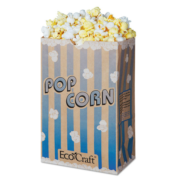 EcoCraft Grease-Resistant Popcorn Bags, 85 oz, 2-ply, 3.25" x 8.63", Blue Stripe/Natural, 500/Carton [SKU: BGC300612]