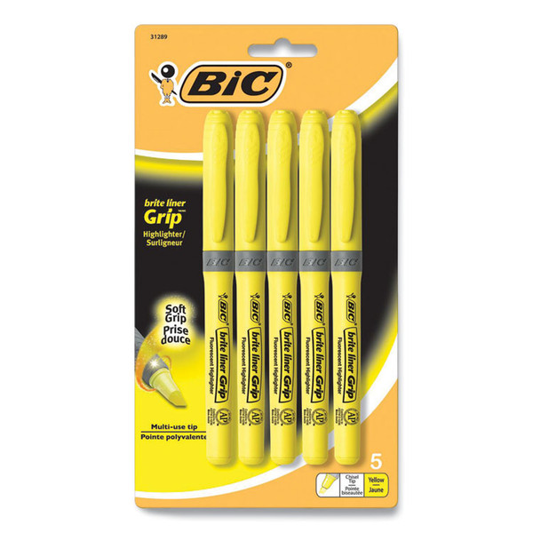 Brite Liner Grip Pocket Highlighter, Fluorescent Yellow Ink, Chisel Tip, Yellow/Black/Silver Barrel, 5/Pack [SKU: BIC31289]
