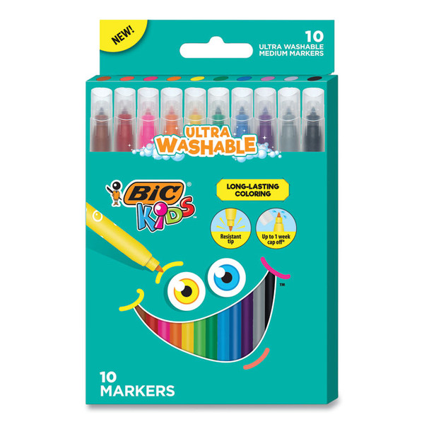Kids Ultra Washable Markers, Medium Bullet Tip, Assorted Colors, 10/Pack [SKU: BICBKCM10AST]