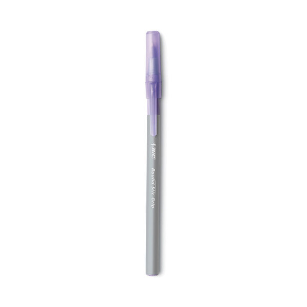 Round Stic Grip Xtra Comfort Ballpoint Pen, Easy-Glide, Stick, Medium 1.2 mm, Purple Ink, Gray/Purple Barrel, Dozen [SKU: BICGSMG11PE]