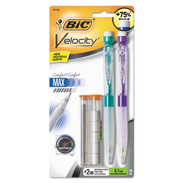 Velocity Max Pencil, 0.7 mm, HB (#2.5), Black Lead, Assorted Barrel Colors, 2/Pack [SKU: BICMPMX7P21BK]