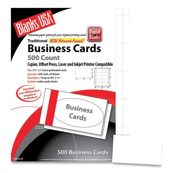 Printable Microperforated Business Cards, Copier/Inkjet/Laser/Offset, 2 x 3.5, White, 2,500 Cards, 10/Sheet, 250 Sheets/Pack [SKU: BLA25S8WH]