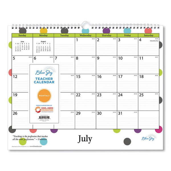 Academic Wall Calendar, Teacher Dots Artwork/Formatting, 15 x 12, White/Multicolor Sheets, 12-Month (July-June): 2021-2022 [SKU: BLS100340]