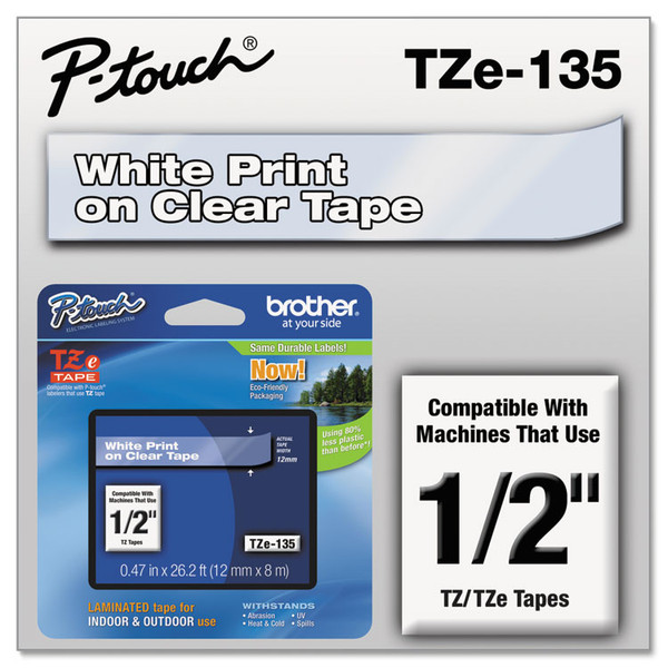 TZe Standard Adhesive Laminated Labeling Tape, 0.47" x 26.2 ft, White on Clear [SKU: BRTTZE135]