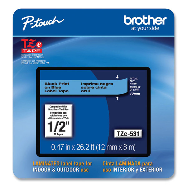 TZe Laminated Removable Label Tapes, 0.47" x 26.2 ft, Black on Blue [SKU: BRTTZE531CS]