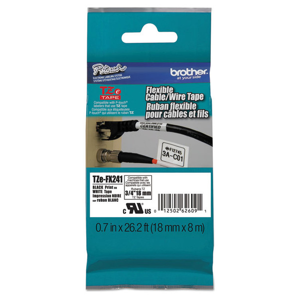 TZe Flexible Tape Cartridge for P-Touch Labelers, 0.7" x 26.2 ft, Black on White [SKU: BRTTZEFX241]
