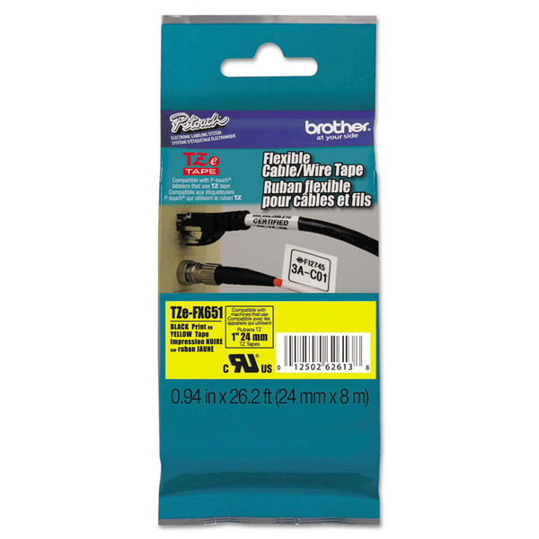 TZe Flexible Tape Cartridge for P-Touch Labelers, 0.94" x 26.2 ft, Black on Yellow [SKU: BRTTZEFX651]
