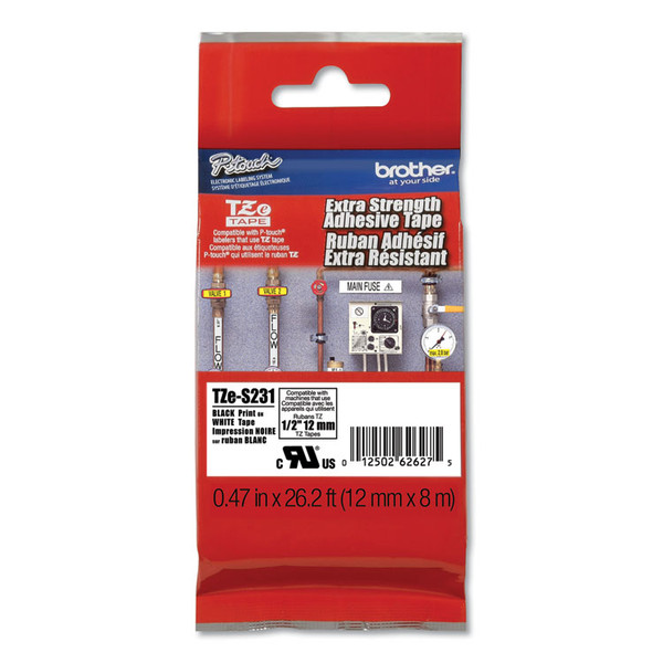 TZe Extra-Strength Adhesive Laminated Labeling Tape, 0.47" x 26.2 ft, Black on White [SKU: BRTTZES231]