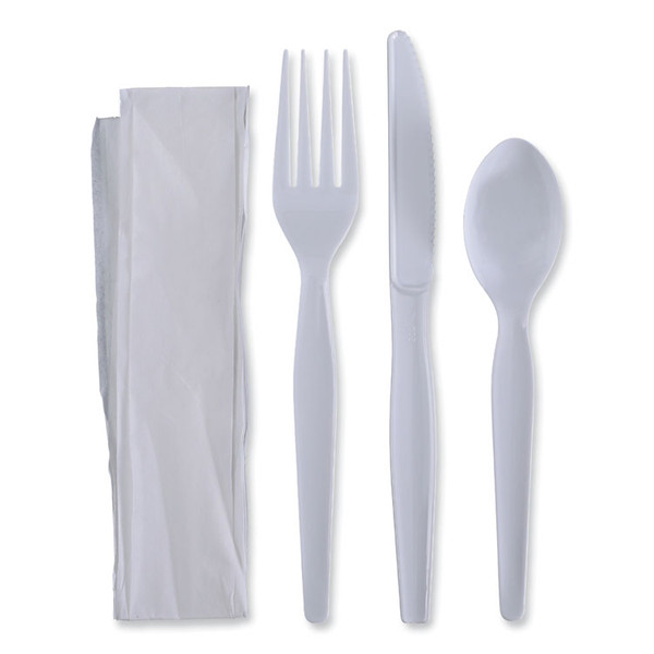Four-Piece Cutlery Kit, Fork/Knife/Napkin/Teaspoon, Heavyweight, White, 250/Carton [SKU: BWKFKTNHWPSWH]