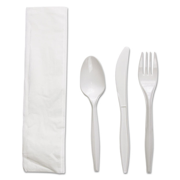 Four-Piece Cutlery Kit, Fork/Knife/Napkin/Teaspoon, White, Polypropylene, 250/Carton [SKU: BWKFKTNMWPPWH]