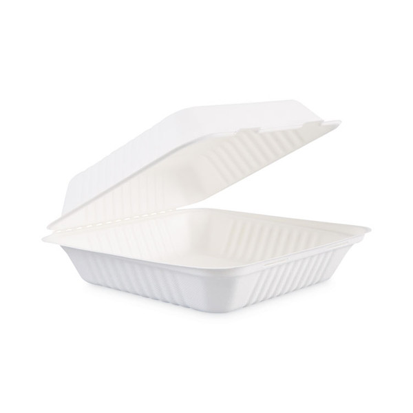 Bagasse Food Containers, Hinged-Lid, 1-Compartment 9 x 9 x 3.19, White,Sugarcane, 100/Sleeve, 2 Sleeves/Carton [SKU: BWKHINGEWF1CM9]