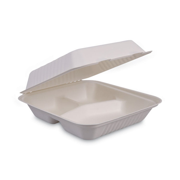 Bagasse Food Containers, Hinged-Lid, 3-Compartment 9 x 9 x 3.19, White, Sugarcane, 100/Sleeve, 2 Sleeves/Carton [SKU: BWKHINGEWF3CM9]