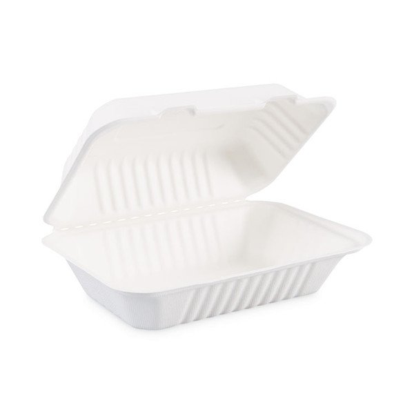 Bagasse Food Containers, Hinged-Lid, 1-Compartment 9 x 6 x 3.19, White, Sugarcane, 125/Sleeve, 2 Sleeves/Carton [SKU: BWKHINGEWFHG1C9]
