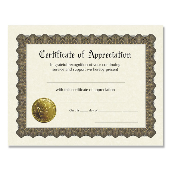 Ready-to-Use Certificates, Appreciation, 11 x 8.5, Ivory/Brown/Gold Colors with Brown Border, 6/Pack [SKU: COS930000]