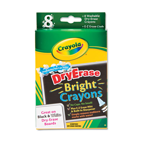 Washable Dry Erase Crayons w/E-Z Erase Cloth, Assorted Bright Colors, 8/Pack [SKU: CYO985202]