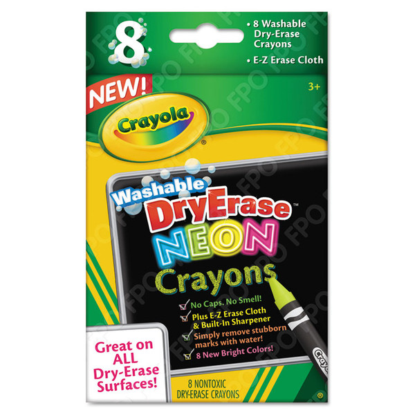 Washable Dry Erase Crayons w/E-Z Erase Cloth, Assorted Neon Colors, 8/Pack [SKU: CYO988605]