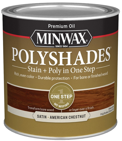Minwax PolyShades 213754444 Wood Stain and Polyurethane, Satin, American Chestnut, Liquid, 0.5 pt, Can [SKU: ORG6120463]